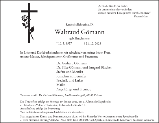 Traueranzeige von Waltraud Gömann von Tageszeitung