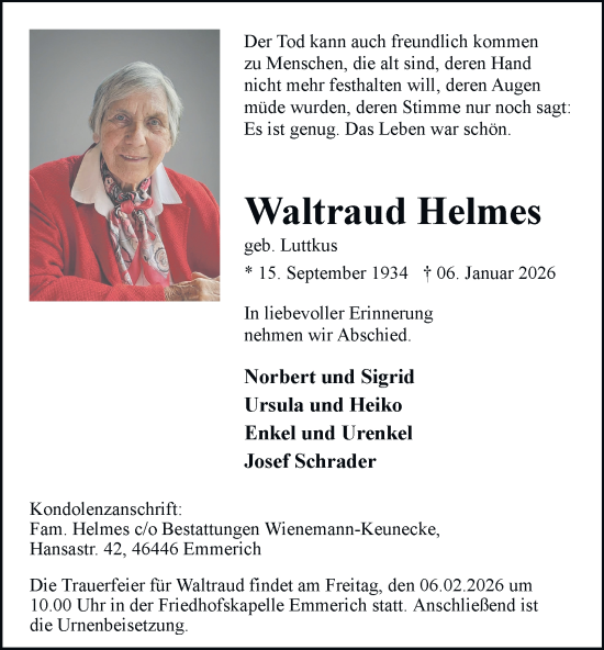 Traueranzeige von Waltraud Helmes von Tageszeitung