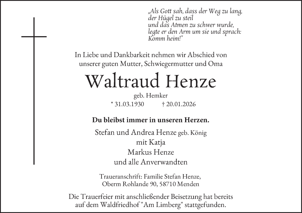  Traueranzeige für Waltraud Henze vom 31.01.2026 aus Tageszeitung