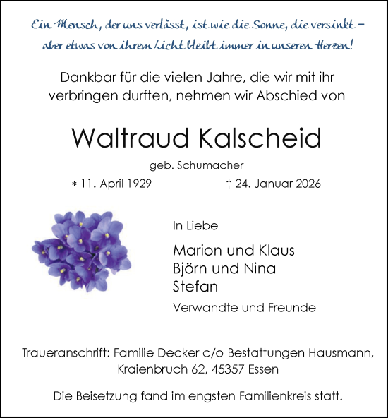 Traueranzeige von Waltraud Kalscheid von Tageszeitung