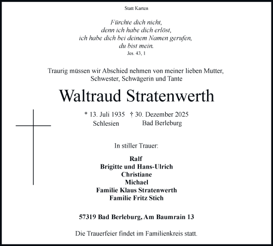 Traueranzeige von Waltraud Stratenwerth von Tageszeitung