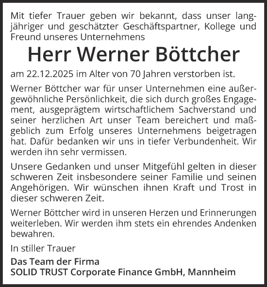 Traueranzeige von Werner Böttcher von Tageszeitung
