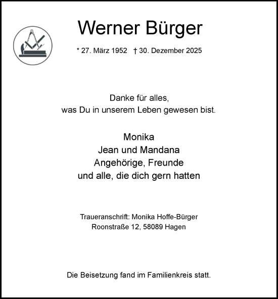 Traueranzeige von Werner Bürger von Tageszeitung