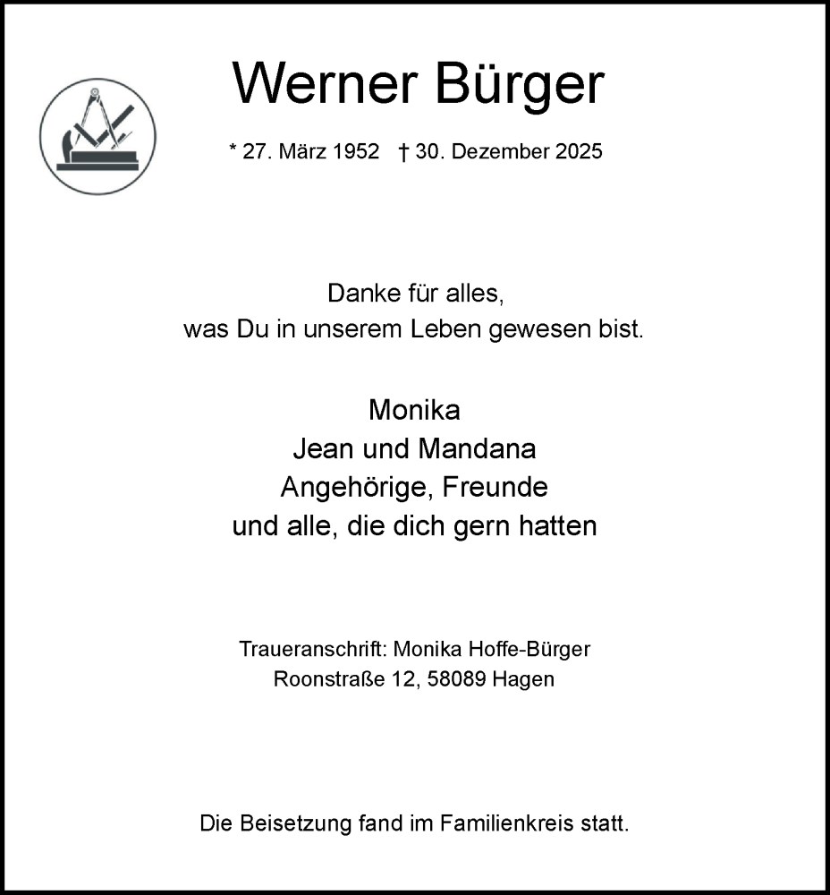  Traueranzeige für Werner Bürger vom 10.01.2026 aus Tageszeitung