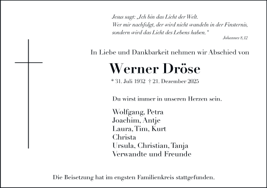 Traueranzeige von Werner Dröse von Tageszeitung