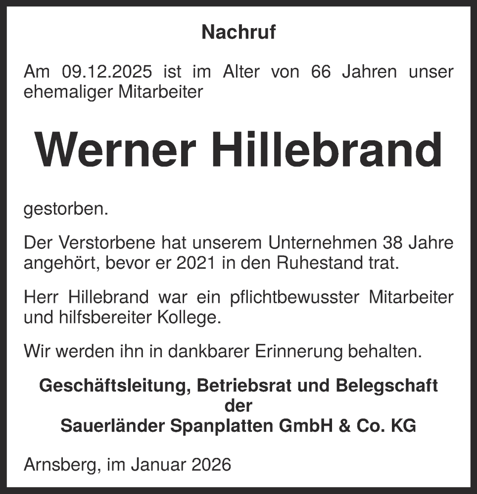 Traueranzeige für Werner Hillebrand vom 10.01.2026 aus Tageszeitung