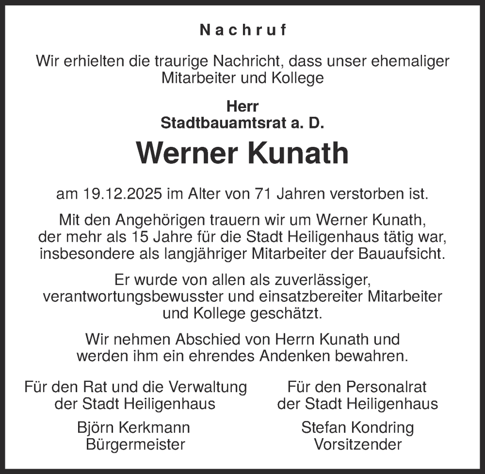  Traueranzeige für Werner Kunath vom 14.01.2026 aus Tageszeitung