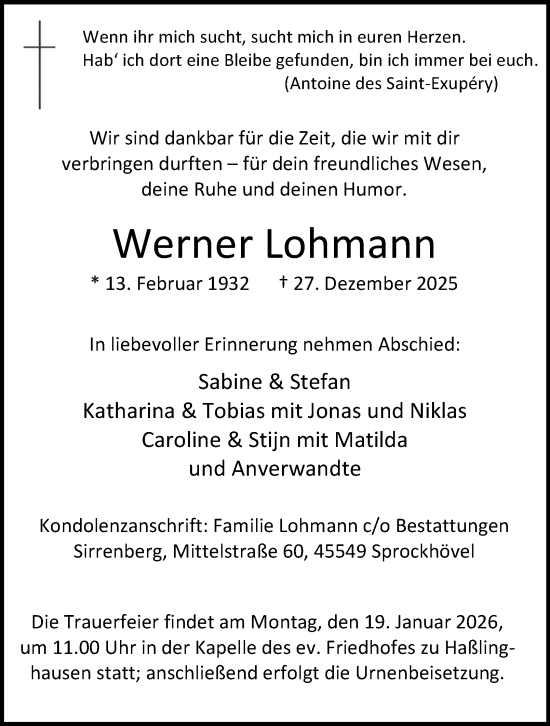 Traueranzeige von Werner Lohmann von Tageszeitung