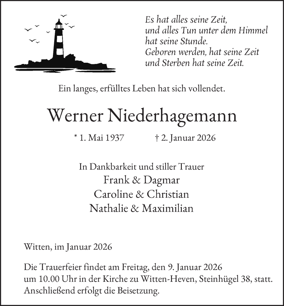  Traueranzeige für Werner Niederhagemann vom 07.01.2026 aus Tageszeitung