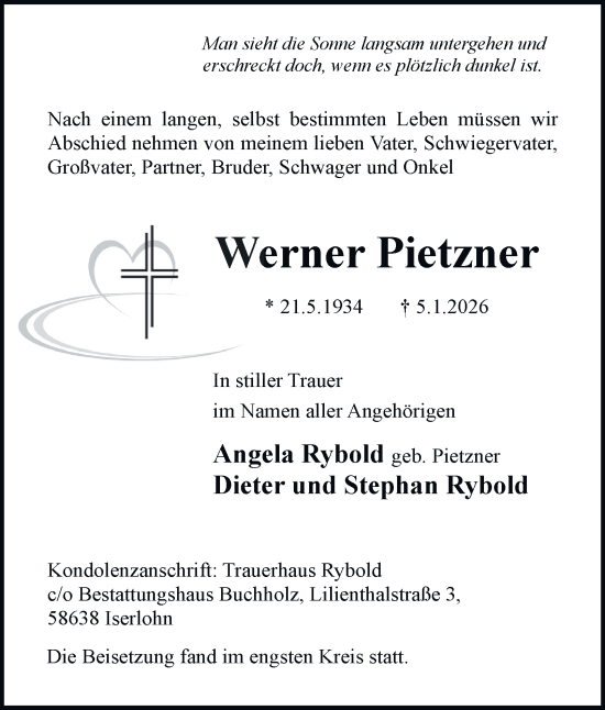 Traueranzeige von Werner Pietzner von Tageszeitung