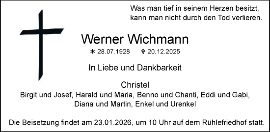 Traueranzeige von Werner Wichmann von Tageszeitung