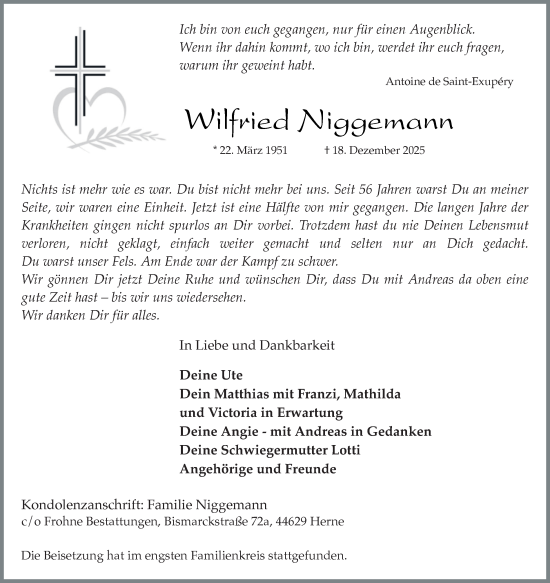 Traueranzeige von Wilfried Niggemann von Tageszeitung