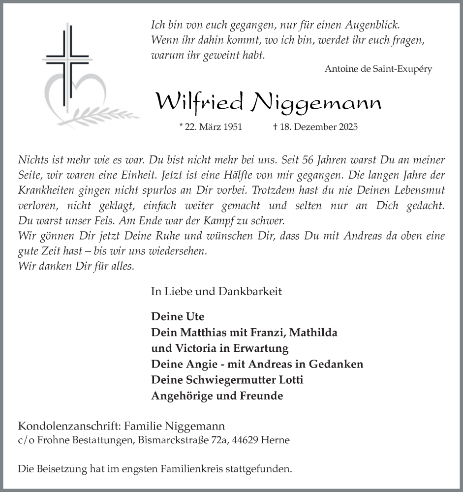  Traueranzeige für Wilfried Niggemann vom 10.01.2026 aus Tageszeitung