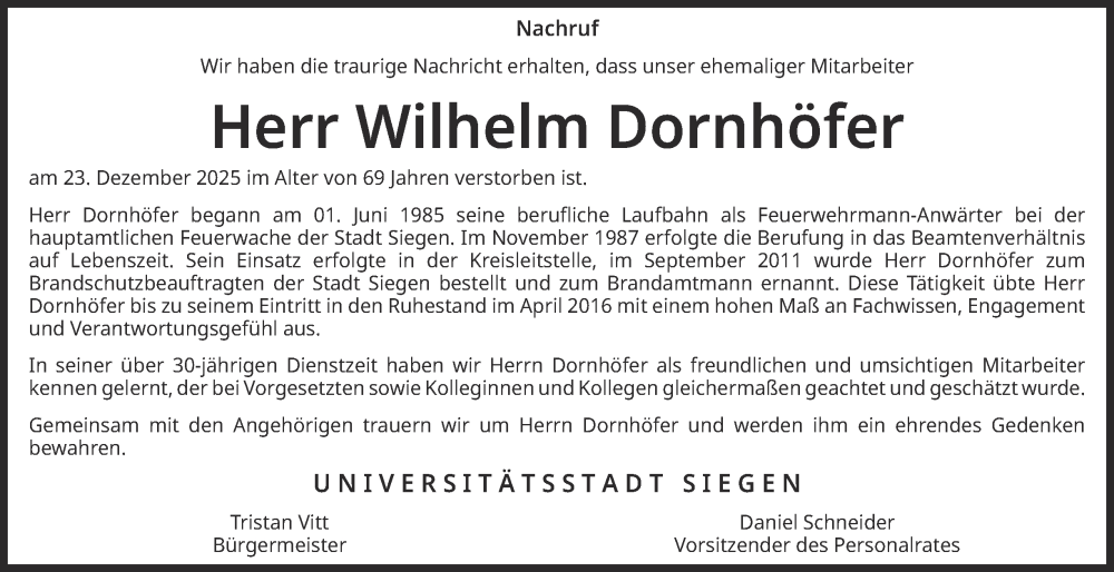  Traueranzeige für Wilhelm Dornhöfer vom 10.01.2026 aus Tageszeitung