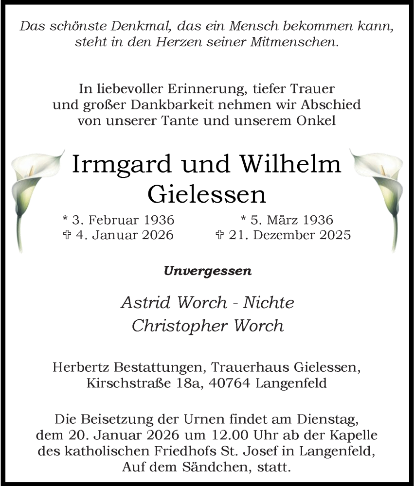  Traueranzeige für Wilhelm Gielessen vom 10.01.2026 aus Tageszeitung