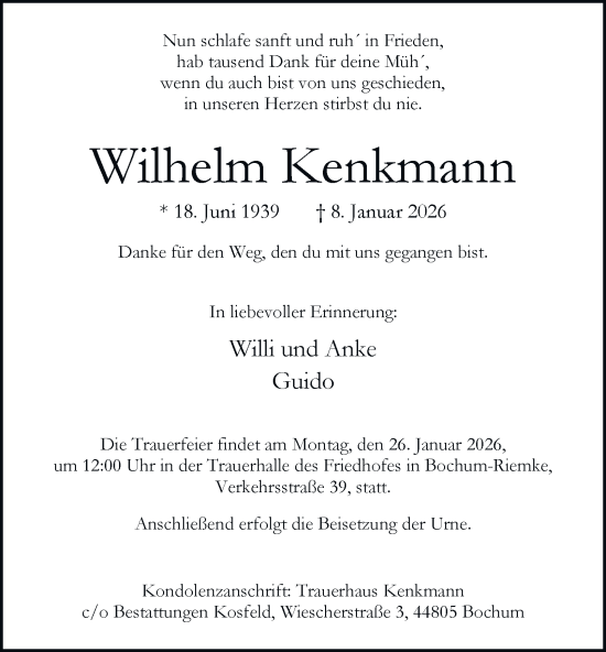 Traueranzeige von Wilhelm Kenkmann von Tageszeitung
