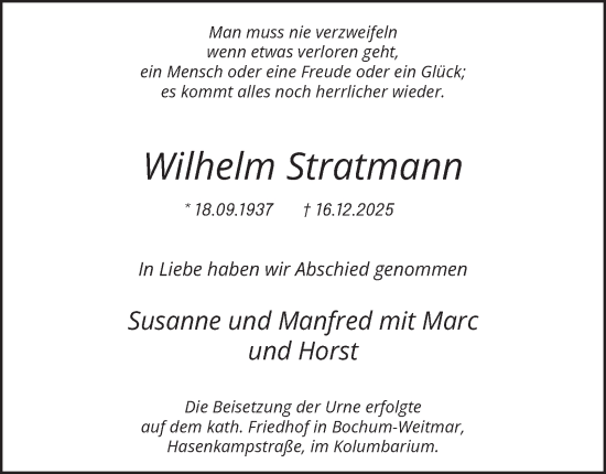 Traueranzeige von Wilhelm Stratmann von Tageszeitung