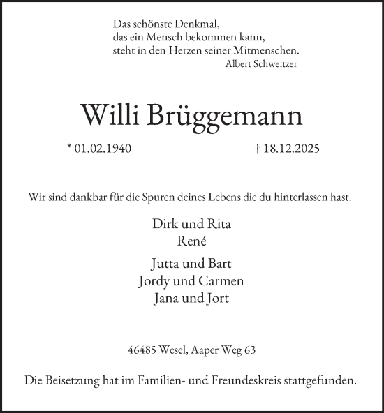 Traueranzeige von Willi Brüggemann von Tageszeitung