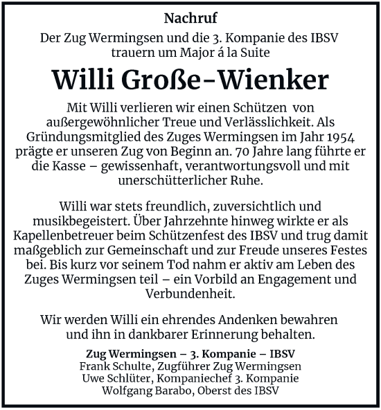 Traueranzeige von Willi Große-Wienker von Tageszeitung
