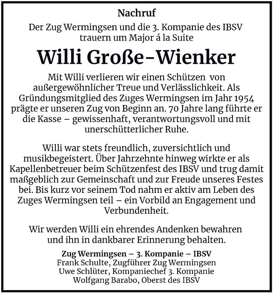  Traueranzeige für Willi Große-Wienker vom 10.01.2026 aus Tageszeitung