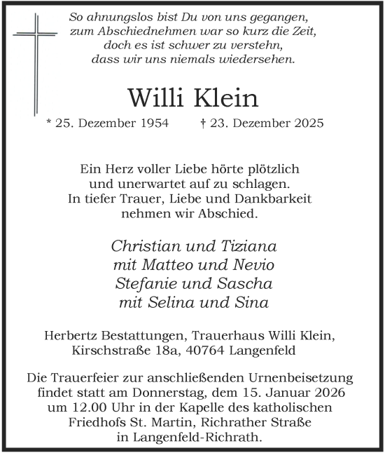 Traueranzeige von Willi Klein von Tageszeitung