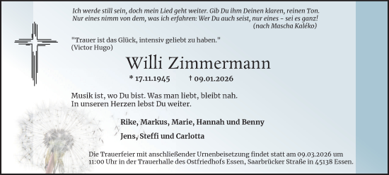 Traueranzeige von Willi Zimmermann von Tageszeitung
