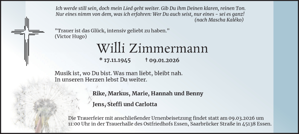  Traueranzeige für Willi Zimmermann vom 28.01.2026 aus Tageszeitung