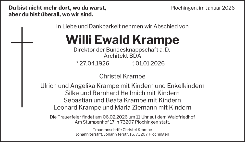  Traueranzeige für Willi Ewald Krampe vom 24.01.2026 aus Tageszeitung
