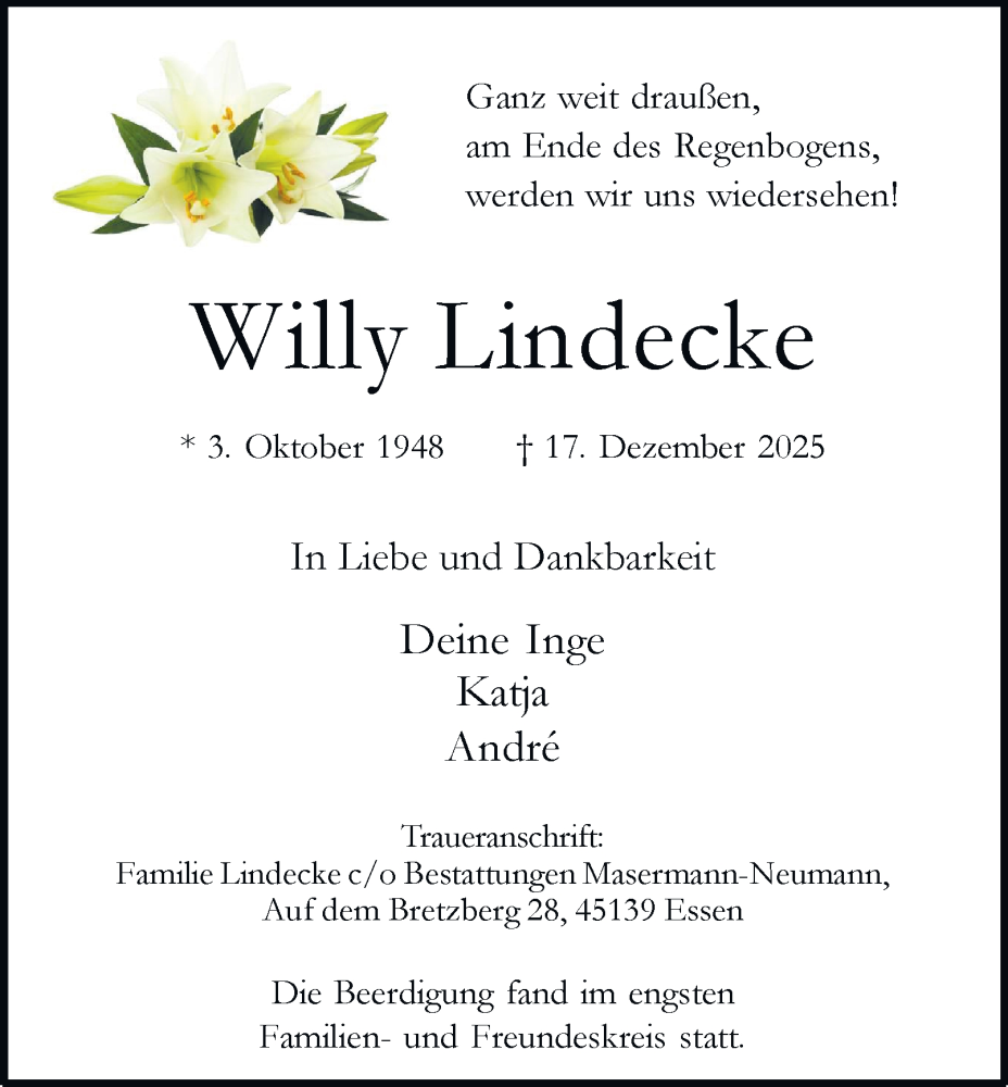  Traueranzeige für Willy Lindecke vom 10.01.2026 aus Tageszeitung