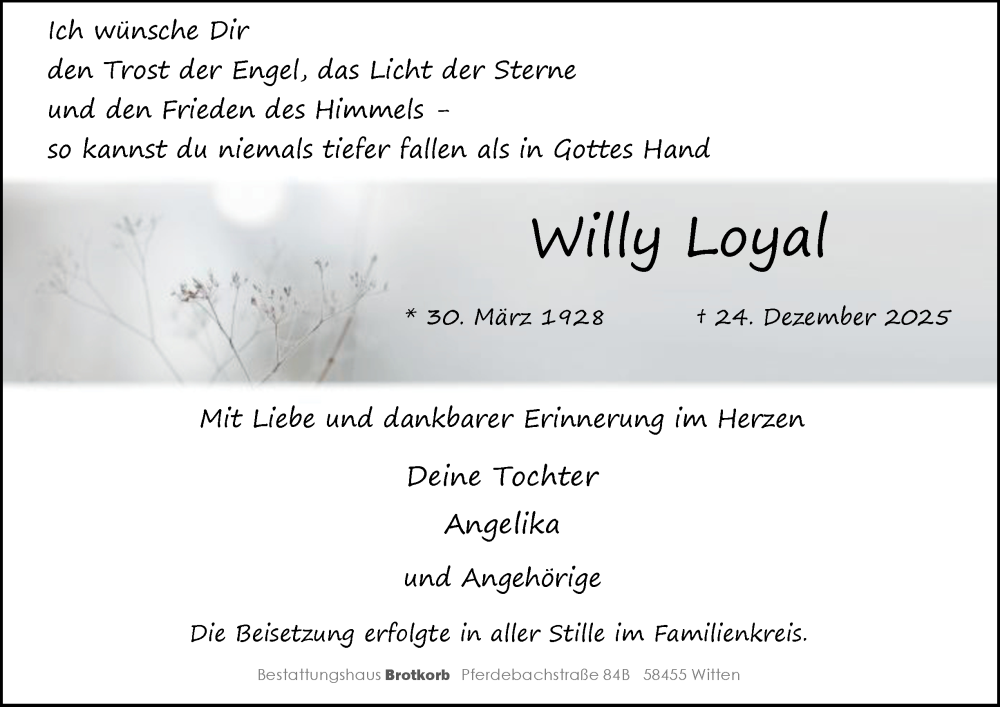  Traueranzeige für Willy Loyal vom 17.01.2026 aus Tageszeitung