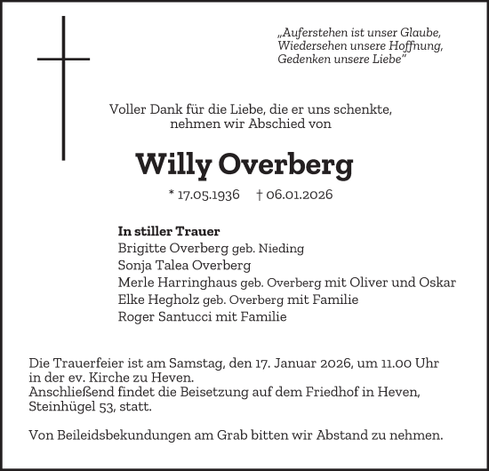 Traueranzeige von Willy Overberg von Tageszeitung