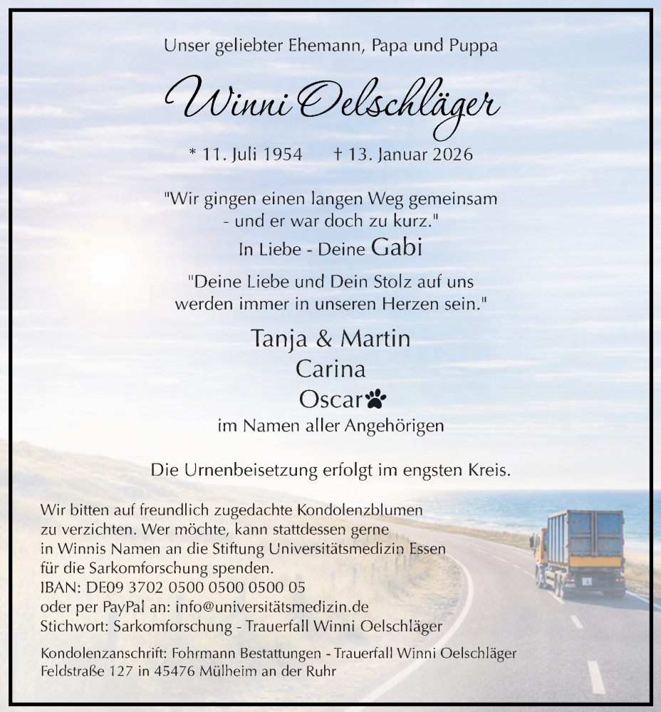  Traueranzeige für Winni Oelschläger vom 24.01.2026 aus Tageszeitung