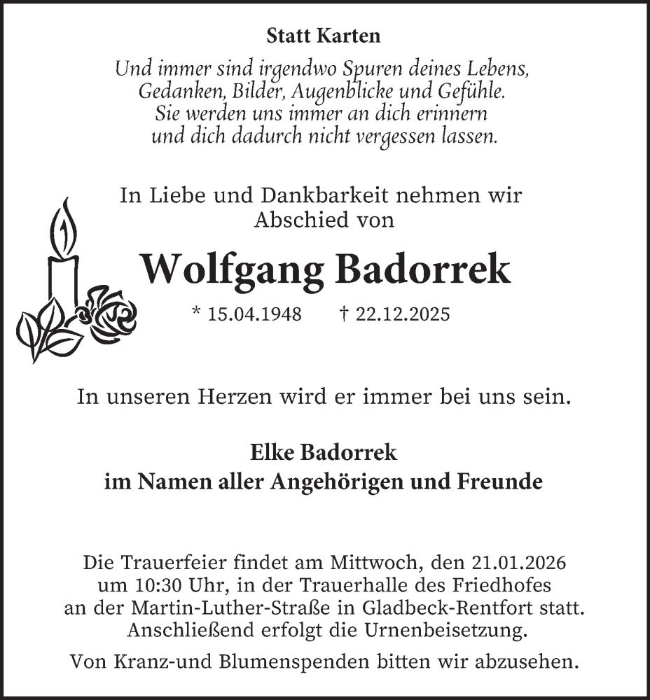  Traueranzeige für Wolfgang Badorrek vom 17.01.2026 aus Tageszeitung