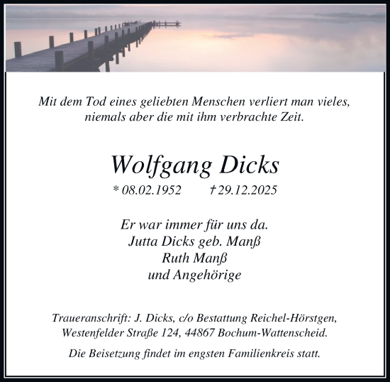 Traueranzeige von Wolfgang Dicks von Tageszeitung