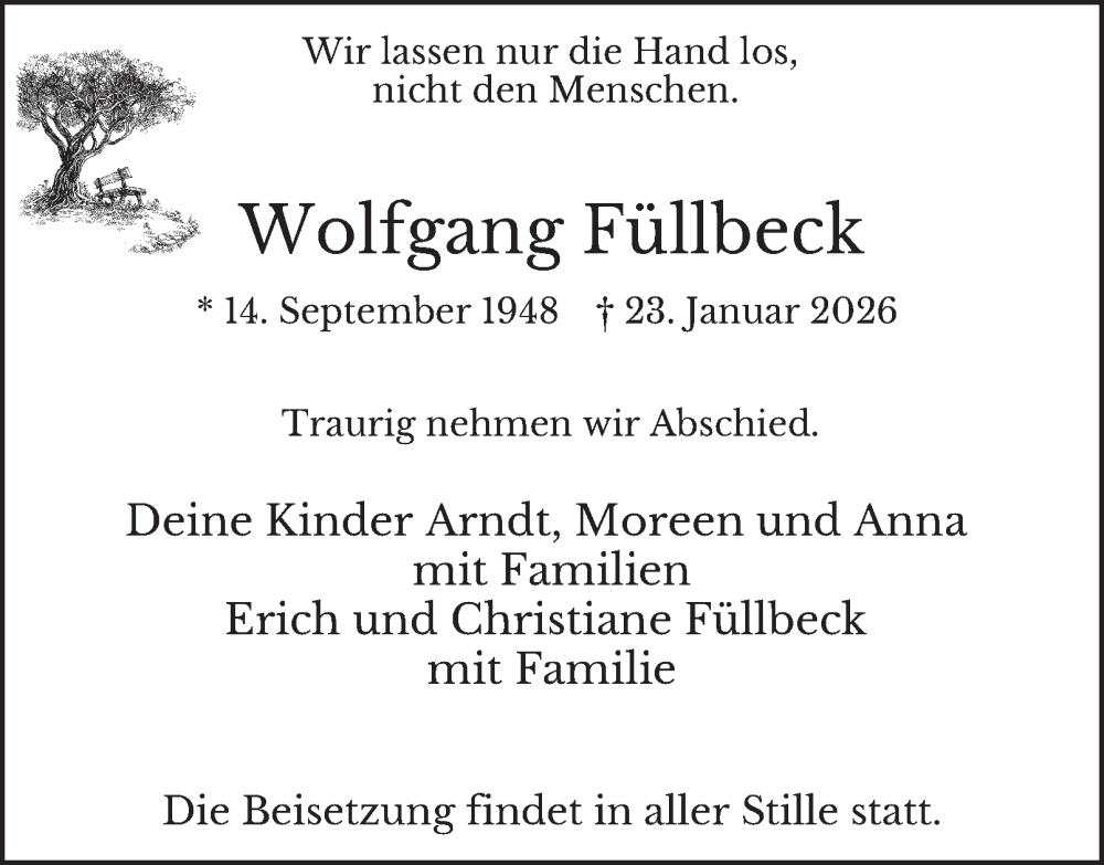  Traueranzeige für Wolfgang Füllbeck vom 31.01.2026 aus Tageszeitung