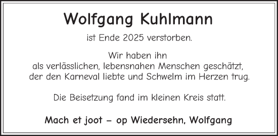 Traueranzeige von Wolfgang Kuhlmann von Tageszeitung
