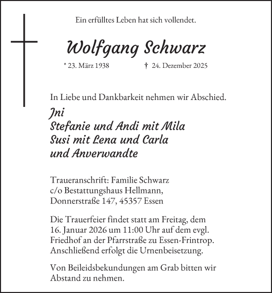 Traueranzeige von Wolfgang Schwarz von Tageszeitung