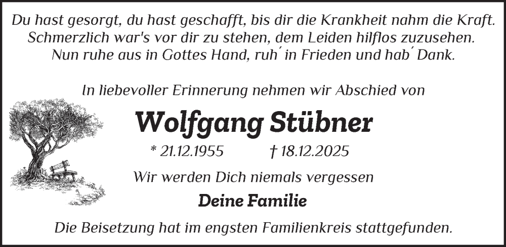 Traueranzeige für Wolfgang Stübner vom 24.01.2026 aus Tageszeitung