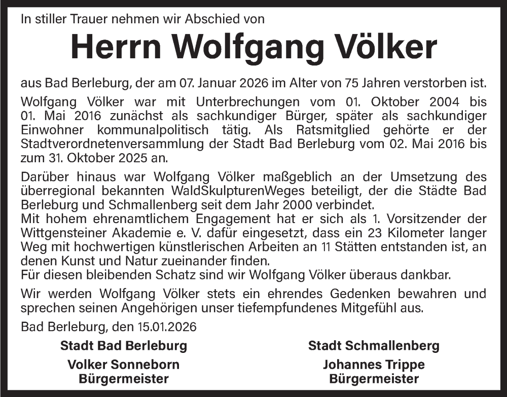  Traueranzeige für Wolfgang Völker vom 17.01.2026 aus Tageszeitung