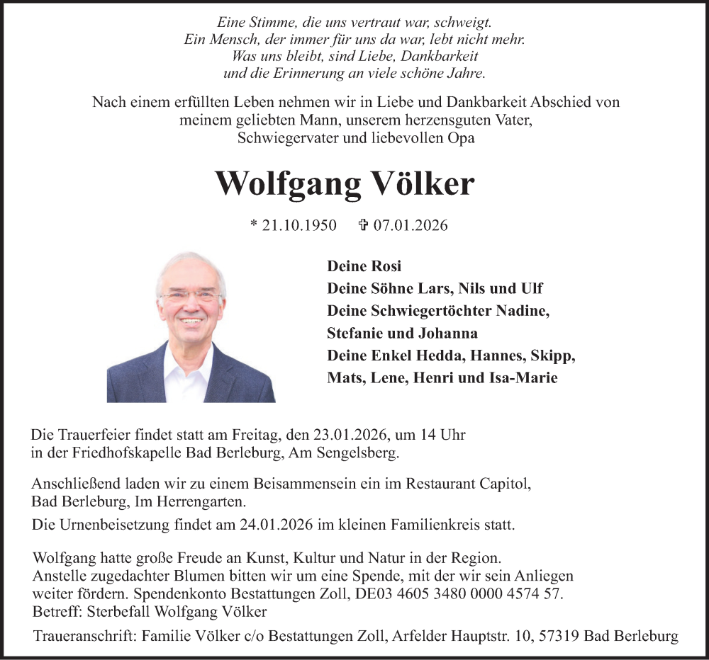  Traueranzeige für Wolfgang Völker vom 15.01.2026 aus Tageszeitung