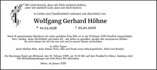 Traueranzeige von Wolfgang Gerhard Höhne von Tageszeitung