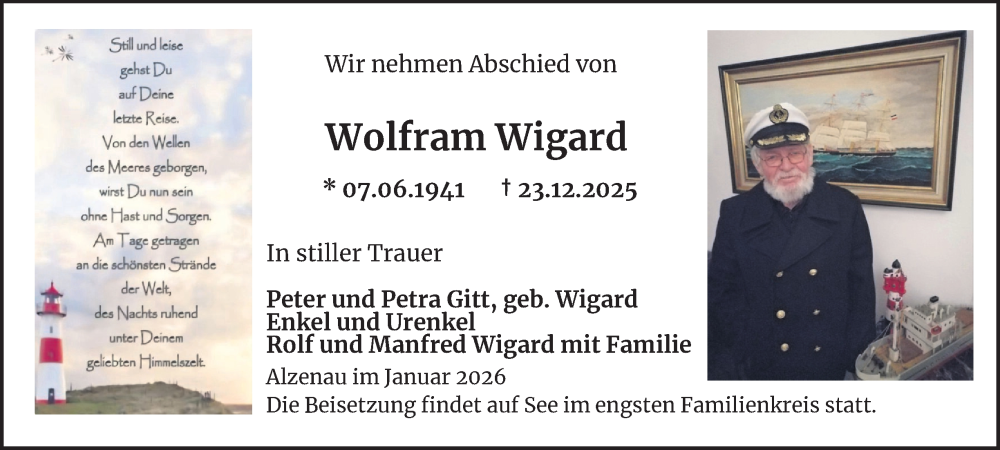  Traueranzeige für Wolfram Wigard vom 31.01.2026 aus Tageszeitung