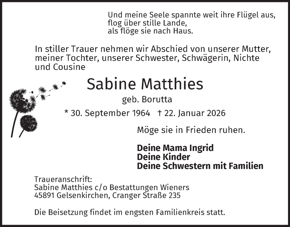  Traueranzeige für Sabine Matthies vom 31.01.2026 aus Tageszeitung