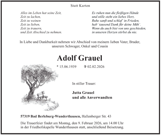 Traueranzeige von Adolf Grauel von Tageszeitung