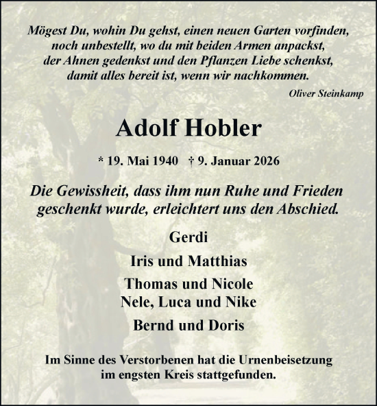 Traueranzeige von Adolf Hobler von Tageszeitung