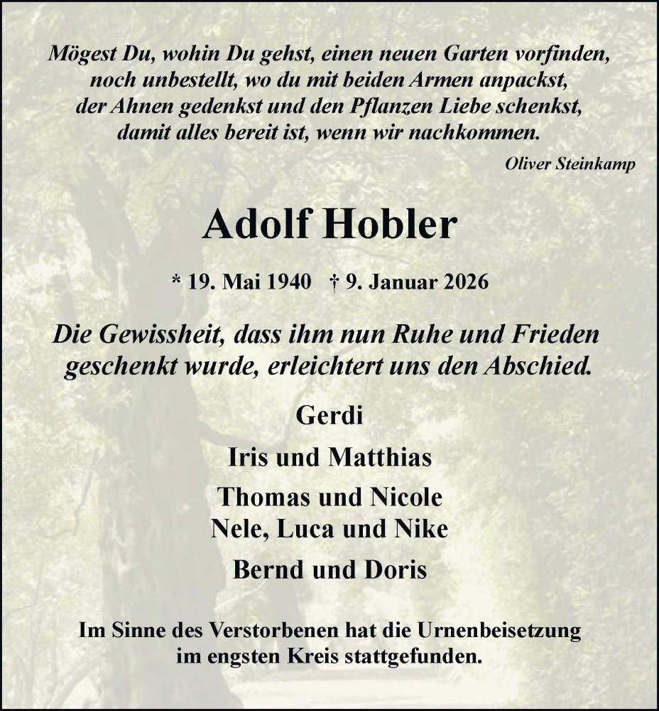  Traueranzeige für Adolf Hobler vom 02.02.2026 aus Tageszeitung