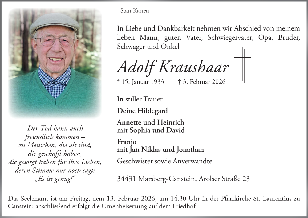  Traueranzeige für Adolf Kraushaar vom 07.02.2026 aus Tageszeitung