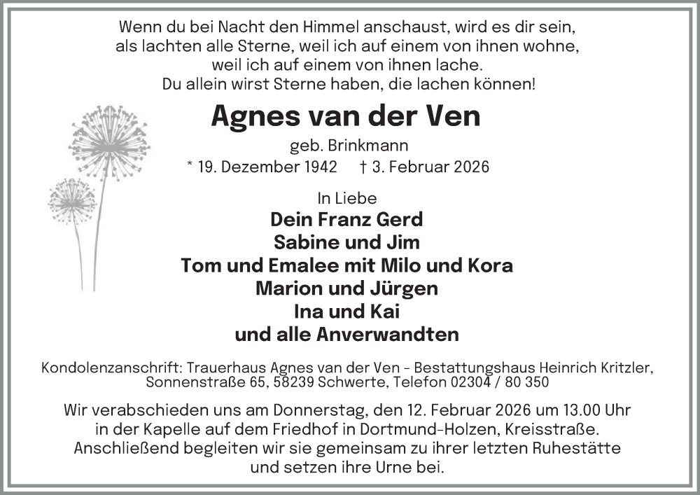  Traueranzeige für Agnes van der Ven vom 07.02.2026 aus Tageszeitung