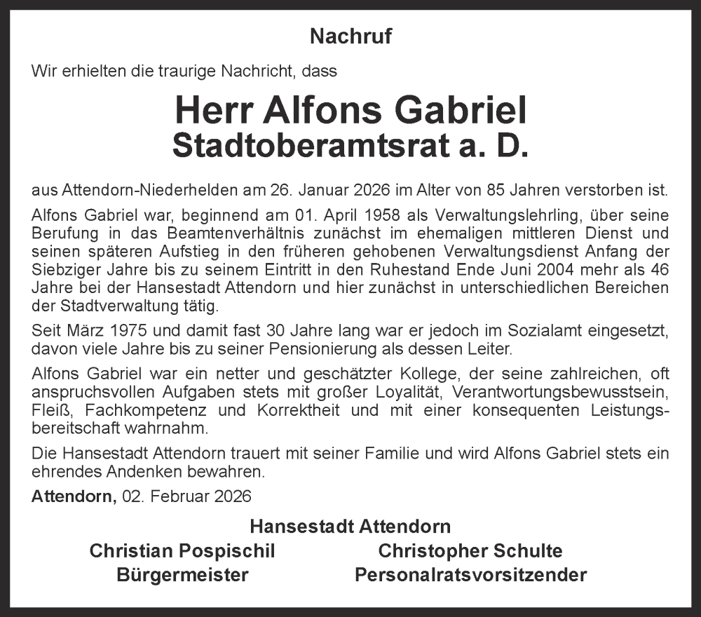  Traueranzeige für Alfons Gabriel vom 07.02.2026 aus Tageszeitung