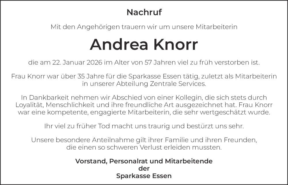  Traueranzeige für Andrea Knorr vom 07.02.2026 aus Tageszeitung